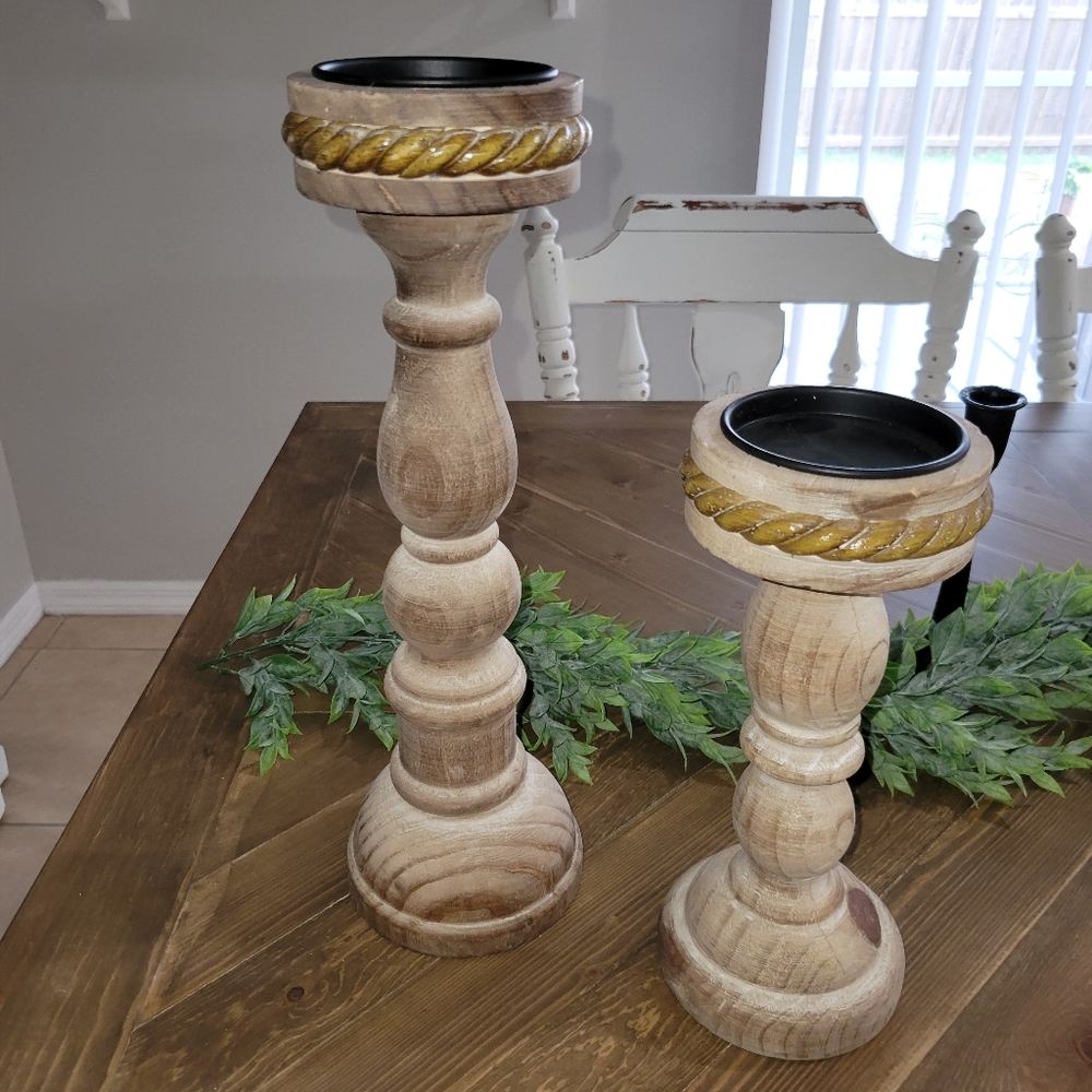 Wood Candle Holders Brown Pair NWOT